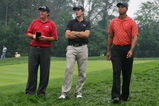 MEDINAH, IL - AUGUST 18:  Phil Mickelson, Geoff Ogilvy of Australia and Tiger Woods wait in the 15th fairway for the group ahead to finish on the 15th green during the second round of the 2006 PGA Championship at Medinah Country Club on August 18, 2006 in Medinah, Illinois.  (Photo by Jeff Gross/Getty Images)
