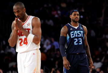 PHOENIX - FEBRUARY 15:  Kobe Bryant #24 of the Western Conference walks across the court in front of LeBron James #23 of the Eastern Conference during the 58th NBA All-Star Game, part of 2009 NBA All-Star Weekend at US Airways Center on February 15, 2009 in Phoenix, Arizona.  NOTE TO USER: User expressly acknowledges and agrees that, by downloading and or using this photograph, User is consenting to the terms and conditions of the Getty Images License Agreement.  (Photo by Kevork Djansezian/Getty Images)