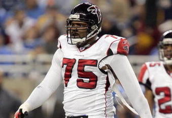 DETROIT - NOVEMBER 5:  Rod Coleman #75 of the Atlanta Falcons walks on the field during the game against the Detroit Lions on November 5, 2006 at Ford Field in Detroit, Michigan.  The Lions won 30-14.  (Photo by Brian Bahr/Getty Images)