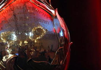 DETROIT - MAY 25: The Hart Trophy sits on a table during Salute to Stanley Cup Legends at the Renaissance Center, as the NHL honors members of the Detroit Red Wings dynasty that won four Stanley Cups in a six-year stretch from 1950 to 1955.May 25, 2008 in Detroit, Michigan.(Photo By Dave Sandford/Getty Images)