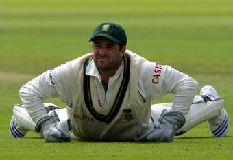 LONDON - JULY 10:  South African wicketkeeper Mark Boucher finds himself on the floor during day one of the First Test match between England and South Africa at Lords on July 10, 2008 in London, England.  (Photo by Stu Forster/Getty Images)