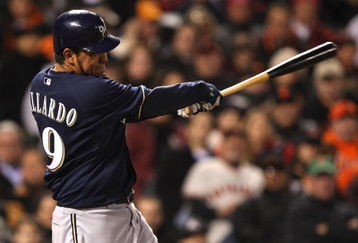 SAN FRANCISCO - APRIL 08:  Yovani Gallardo #49 of the Milwaukee Brewers hits a three run home run against the San Francisco Giants in the fifth inning during a Major League Baseball game on April 8, 2009 at AT&T Park in San Francisco, California.  (Photo by Jed Jacobsohn/Getty Images)