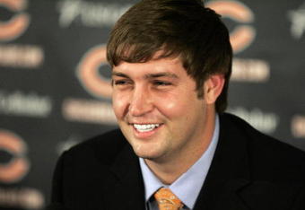 LAKE FOREST, IL - APRIL 3: Jay Cutler of the Chicago Bears is all smiles after being announced as their new quarterback during a press conference on April 3, 2009 at Halas Hall in Lake Forest, Illinois. (Photo by Jim Prisching/Getty Images)