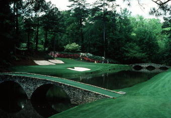 A SCENIC VIEW OF THE INFAMOUS AMEN CORNER OF THE PAR 3 12TH HOLE DURING THE 1992 MASTERS TOURNAMENT AT THE AUGUSTA NATIONAL GOLF COURSE IN AUGUSTA, GEORGIA.