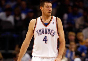 OKLAHOMA CITY - OCTOBER 29:  Nick Collison #4 of the Oklahoma City Thunder walks across the court during the game against the Milwaukee Bucks at the Ford Center on October 29, 2008 in Oklahoma City, Oklahoma. The Bucks won 98-87.  NOTE TO USER: User expressly acknowledges and agrees that, by downloading and/or using this Photograph, user is consenting to the terms and conditions of the Getty Images License Agreement.  (Photo by Chris Graythen/Getty Images)