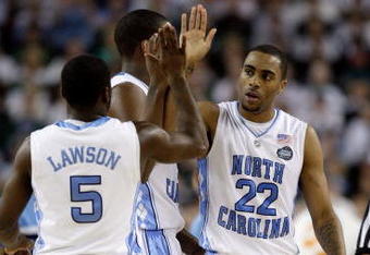 DETROIT - APRIL 06:  (L-R) Ty Lawson #5 and Wayne Ellington #22 of the North Carolina Tar Heels celebrate a play in the first half againnst the Michigan State Spartans during the 2009 NCAA Division I Men's Basketball National Championship game at Ford Field on April 6, 2009 in Detroit, Michigan.  (Photo by Andy Lyons/Getty Images)