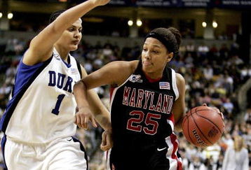 BOSTON - APRIL 04:  Marissa Coleman #25 of the Maryland Terrapins drives around Mistie Williams #1 of the Duke Blue Devils during the 2006 NCAA Women's Basketball Championship Game on April 4, 2006 at the TD Banknorth Garden in Boston, Massachusetts.  (Photo by Elsa/Getty Images)