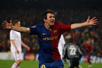 BARCELONA, SPAIN - APRIL 08:  Lionel Messi of Barcelona celebrates his goal during the UEFA Champions League quarter final first leg match between FC Barcelona and FC Bayern Munich at the Camp Nou stadium on April 8, 2009 in Barcelona, Spain.  (Photo by Jamie McDonald/Getty Images)