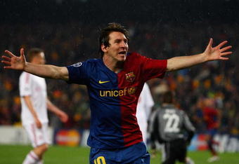 BARCELONA, SPAIN - APRIL 08:  Lionel Messi of Barcelona celebrates his goal during the UEFA Champions League quarter final first leg match between FC Barcelona and FC Bayern Munich at the Camp Nou stadium on April 8, 2009 in Barcelona, Spain.  (Photo by Jamie McDonald/Getty Images)