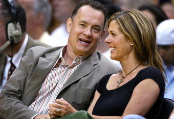 LOS ANGELES - MAY 15:  Actor Tom Hanks and wife Rita Wilson attend Game 6 of the NBA Western Conference Semifinals between the San Antonio Spurs and the Los Angeles Lakers on May 15, 2004 in Los Angeles, California.  (Photo by Vince Bucci/Getty Images)
