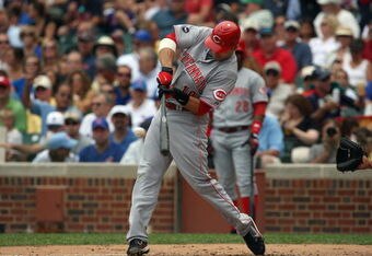 CHICAGO - AUGUST 21:  Joey Votto #19 of the Cincinnati Reds bats against the Chicago Cubs on August 21, 2008 at Wrigley Field in Chicago, Illinois. The Cubs defeated the Reds 3-2. (Photo by Jonathan Daniel/Getty Images) 
