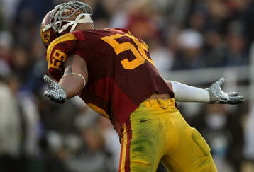 PASADENA, CA - JANUARY 01:  Rey Maualuga #58 of the USC Trojans yells during the second half against the Penn State Nittany Lions during the 95th Rose Bowl Game presented by Citi on January 1, 2009 at the Rose Bowl in Pasadena, California.  (Photo by Stephen Dunn/Getty Images)
