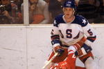 LAKE PLACID, NY - FEBRUARY 22:  Mike Ramsey #5 of the United States stands over Valeri Kharlamov #17 of the Soviet Union during the Winter Olympic Games on February 22, 1980 in Lake Placid, New York. The United States won 4-3.  (Photo by Tony Duffy/Getty Images)