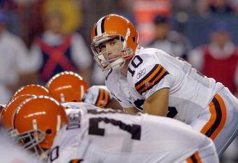 DENVER - AUGUST 25:  Quarterback Brady Quinn #10 of the Cleveland Browns calls out signals in the second half of the pre-season football game against the Denver Broncos on August 25, 2006 at Invesco Field at Mile High in Denver, Colorado.  (Photo by Steve Dykes/Getty Images)