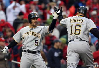 ST. LOUIS - APRIL 06:  Eric Hinske #16 of the Pittsburgh Pirates is congratulated by teammate Ramon Vazquez #5 after Hinske scored in the 9th inning against the St. Louis Cardinals on Opening Day on April 6, 2009  at Busch Stadium in St. Louis, Missouri. The Pittsburgh Pirates defeated the St. Louis Cardinals 6-4.  (Photo by Elsa/Getty Images)