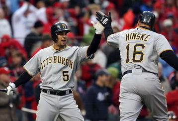 ST. LOUIS - APRIL 06:  Eric Hinske #16 of the Pittsburgh Pirates is congratulated by teammate Ramon Vazquez #5 after Hinske scored in the 9th inning against the St. Louis Cardinals on Opening Day on April 6, 2009  at Busch Stadium in St. Louis, Missouri. The Pittsburgh Pirates defeated the St. Louis Cardinals 6-4.  (Photo by Elsa/Getty Images)