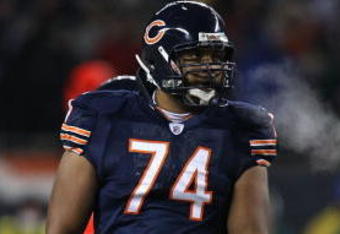 CHICAGO - DECEMBER 22: Chris Williams #74 of the Chicago Bears prepares to block on special teams during a game against the Green Bay Packers on December 22, 2008 at Soldier Field in Chicago, Illinois. The Bears defeated the Packers 20-17 in overtime.  (Photo by Jonathan Daniel/Getty Images)