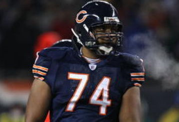 CHICAGO - DECEMBER 22: Chris Williams #74 of the Chicago Bears prepares to block on special teams during a game against the Green Bay Packers on December 22, 2008 at Soldier Field in Chicago, Illinois. The Bears defeated the Packers 20-17 in overtime.  (Photo by Jonathan Daniel/Getty Images)
