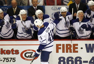DETROIT - OCTOBER 9:  Nikolai Kulemin #41 of the Toronto Maple Leafs skates by the Leafs bench to celebrate with teammates during their game against the Detroit Red Wings on October 9, 2008 at Joe Louis Arena in Detroit, Michigan. The Leafs defeated the Wings 3-2. (Photo by Gregory Shamus/Getty Images)