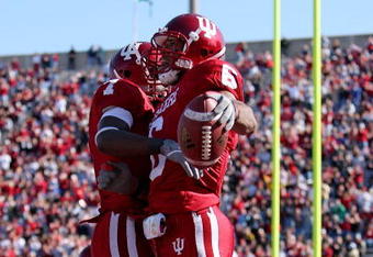 BLOOMINGTON, IN - NOVEMBER 3:  James Bailey #6 and Ray Fisher #7 of the Indiana Hoosiers celebrate during the game against the Ball State Cardinals at Memorial Stadium November 3, 2007 in Bloomington, Indiana.  (Photo by Andy Lyons/Getty Images)