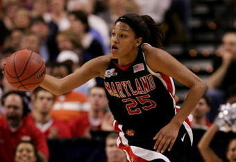 BOSTON - APRIL 02:  Marissa Coleman #25 of the Maryland Terrapins brings the ball up the court against the North Carolina Tar Heels during the 2006 Women's NCAA Basketball Championship Semifinals on April 2, 2006 at the TD Banknorth Garden in Boston, Massachusetts.  (Photo by Elsa/Getty Images)