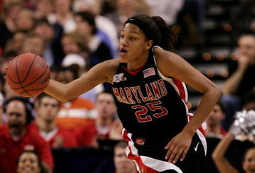 BOSTON - APRIL 02:  Marissa Coleman #25 of the Maryland Terrapins brings the ball up the court against the North Carolina Tar Heels during the 2006 Women's NCAA Basketball Championship Semifinals on April 2, 2006 at the TD Banknorth Garden in Boston, Massachusetts.  (Photo by Elsa/Getty Images)