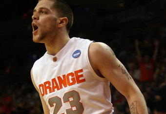 MIAMI - MARCH 22:  Guard Eric Devendorf #23 of the Syracuse Orange reacts after scoring a three pointer against the Arizona State Sun Devils during the second round of the NCAA Division I Men's Basketball Tournament at the American Airlines Arena on March 22, 2009 in Miami, Florida.  (Photo by Marc Serota/Getty Images)