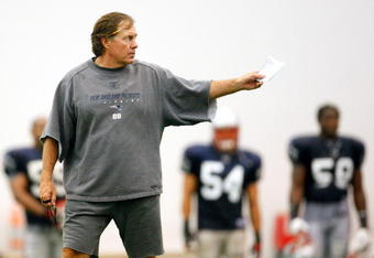 FOXBORO, MA - JULY 24:  Coach Bill Belichick of the New England Patriots offers instruction during the first day of training camp at Gillette Stadium on July 24, 2008 in Foxboro, Massachusetts.  (Photo by Jim Rogash/Getty Images)