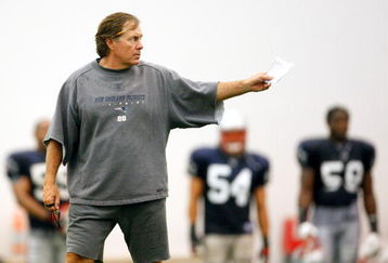 FOXBORO, MA - JULY 24:  Coach Bill Belichick of the New England Patriots offers instruction during the first day of training camp at Gillette Stadium on July 24, 2008 in Foxboro, Massachusetts.  (Photo by Jim Rogash/Getty Images)