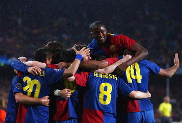 BARCELONA, SPAIN - APRIL 08:  Barcelona plyers mob Lionel Messi of Barcelona after scoring his goal during the UEFA Champions League quarter final first leg match between FC Barcelona and FC Bayern Munich at the Camp Nou stadium on April 8, 2009 in Barcelona, Spain.  (Photo by Jamie McDonald/Getty Images)