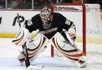 ANAHEIM, CA - JANUARY 14:  Goaltender Jean-Sebastien Giguere #35 of the Anaheim Ducks in action during the NHL game against the Detroit Red Wings at Honda Center on January 14, 2008 in Anaheim, California. The Red Wings defeated the Ducks 4-3. (Photo by Christian Petersen/Getty Images)