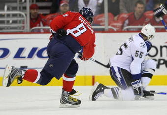 WASHINGTON - MARCH 27: Alex Ovechkin #8 of the Washington Capitals takes the shot against the Tampa Bay Lightning on March 27, 2009 at the Verizon Center in Washington, D.C. (Photo by Bruce Bennett/Getty Images)