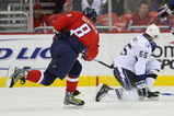 WASHINGTON - MARCH 27: Alex Ovechkin #8 of the Washington Capitals takes the shot against the Tampa Bay Lightning on March 27, 2009 at the Verizon Center in Washington, D.C. (Photo by Bruce Bennett/Getty Images)