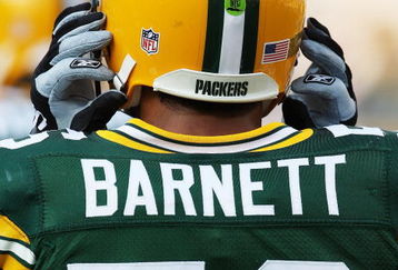 GREEN BAY, WI - AUGUST 28: A green NFL communication sticker is seen on the helmut of Nick Barnett #56 of the Green Bay Packers before a game against the Tenessee Titans on August 28, 2008 at Lambeau Field in Green Bay, Wisconsin. (Photo by Jonathan Daniel/Getty Images)