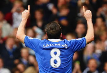LONDON, ENGLAND - APRIL 11: Frank Lampard of Chelsea celebrates scoring his team's third goal during the Barclays Premier League match between Chelsea and Bolton Wanderers at Stamford Bridge on April 11, 2009 in London, England.  (Photo by Ian Walton/Getty Images)