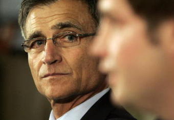 LAKE FOREST, IL - APRIL 3: The Chicago Bears General manager Jerry Angelo looks on as the Bears announce Jay Cutler as their new quarterback during a press conference on April 3, 2009 at Halas Hall in Lake Forest, Illinois.  (Photo by Jim Prisching/Getty Images)