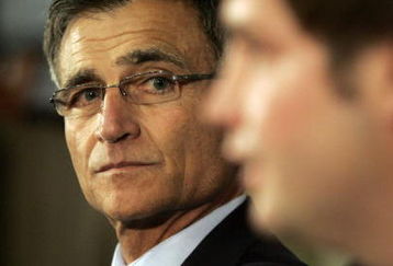 LAKE FOREST, IL - APRIL 3: The Chicago Bears General manager Jerry Angelo looks on as the Bears announce Jay Cutler as their new quarterback during a press conference on April 3, 2009 at Halas Hall in Lake Forest, Illinois.  (Photo by Jim Prisching/Getty Images)