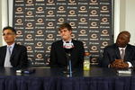 LAKE FOREST, IL - APRIL 3: General Manager Jerry Angelo (L) of the Chicago Bears looks on along with head coach Lovie Smith (R) as they introduce Jay Cutler as their new quarterback during a press conference on April 3, 2009 at Halas Hall in Lake Forest, Illinois. (Photo by Jim Prisching/Getty Images)