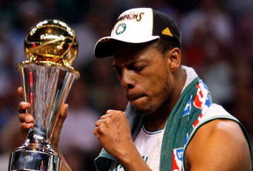 BOSTON - JUNE 17:  Paul Pierce #34 of the Boston Celtics celebrates with the Finals MVP trophy at the end of Game Six of the 2008 NBA Finals against the Los Angeles Lakers on June 17, 2008 at TD Banknorth Garden in Boston, Massachusetts. The Celtics defeated the Lakers 131-92 to win the NBA Championship.  NOTE TO USER: User expressly acknowledges and agrees that, by downloading and/or using this Photograph, user is consenting to the terms and conditions of the Getty Images License Agreement.  (Photo by Jim Rogash/Getty Images)