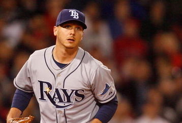 BOSTON - APRIL 8: Scott Kazmir #19 of the Tampa Bay Rays watches the flight of a hit ball against the Boston Red Sox at Fenway Park, April 8, 2009, in Boston, Massachusetts. (Photo by Jim Rogash/Getty Images)