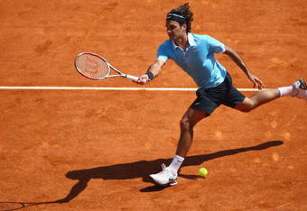 MONTE CARLO, MONACO - APRIL 24:  Roger Federer of Switzerland during his third round match against Gael Monfils on day six of the Masters Series at the Monte Carlo Country Club, April 24, 2008 in Monte Carlo, Monaco.  (Photo by Michael Steele/Getty Images)
