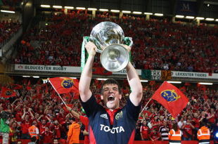 CARDIFF, UNITED KINGDOM - MAY 24:  Donncha O'Callaghan of Munster celebrates with the trophy following his team's victory in the Heineken Cup Final between Munster and Toulouse at the Millennium Stadium on May 24, 2008 in Cardiff, Wales.  (Photo by David Rogers/Getty Images)