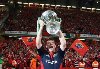 CARDIFF, UNITED KINGDOM - MAY 24:  Donncha O'Callaghan of Munster celebrates with the trophy following his team's victory in the Heineken Cup Final between Munster and Toulouse at the Millennium Stadium on May 24, 2008 in Cardiff, Wales.  (Photo by David Rogers/Getty Images)