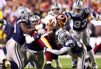 LANDOVER, MD - NOVEMBER 16:  Ladell Betts #46 of the Washington Redskins runs out of room to run the ball by the defense of the Dallas Cowboys during their game on November 16, 2008 at FedEx Field in Landover, Maryland.  (Photo by Jim McIsaac/Getty Images)
