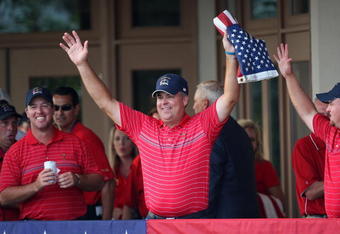 LOUISVILLE, KY - SEPTEMBER 21:  Kenny Perry of the USA team celebrates the USA 16 1/2 - 11 1/2 victory on the final day of the 2008 Ryder Cup at Valhalla Golf Club on September 21, 2008 in Louisville, Kentucky.  (Photo by Ross Kinnaird/Getty Images)