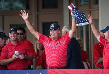LOUISVILLE, KY - SEPTEMBER 21:  Kenny Perry of the USA team celebrates the USA 16 1/2 - 11 1/2 victory on the final day of the 2008 Ryder Cup at Valhalla Golf Club on September 21, 2008 in Louisville, Kentucky.  (Photo by Ross Kinnaird/Getty Images)