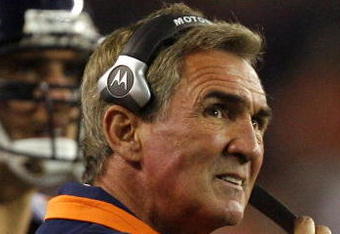 CLEVELAND - NOVEMBER 6:  Head coach Mike Shanahan of the Denver Broncos looks at the scoreboard against the Cleveland Browns during the fourth quarter of their NFL game at Cleveland Browns Stadium November 6, 2008 in Cleveland, Ohio.  (Photo by Matt Sullivan/Getty Images)