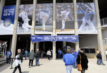 KANSAS CITY, MO - APRIL 10:  Fan enter renovated Kauffman stadium during opening day festivities prior to the New York Yankees against the Kansas City Royals at Kauffman Stadium on April 10, 2009 in Kansas City, Missouri. (Photo by G. Newman Lowrance/Getty Images)