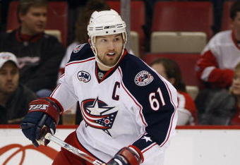 DETROIT, MI - MARCH 7:  Rick Nash #61 of the Columbus Blue Jackets skates in a game against the Detroit Red Wings on March 7, 2009 at Joe Louis Arena in Detroit, Michigan. (Photo by Claus Andersen/Getty Images)