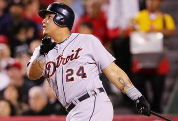 ANAHEIM, CA - MAY 28:   Miguel Cabrera #24 of the Detroit Tigers hits a RBI sacrifice in the seventh inning against the Los Angeles Angels of Anaheim at Angels Stadium on May 28, 2008 in Anaheim, California.  (Photo by Lisa Blumenfeld/Getty Images)
